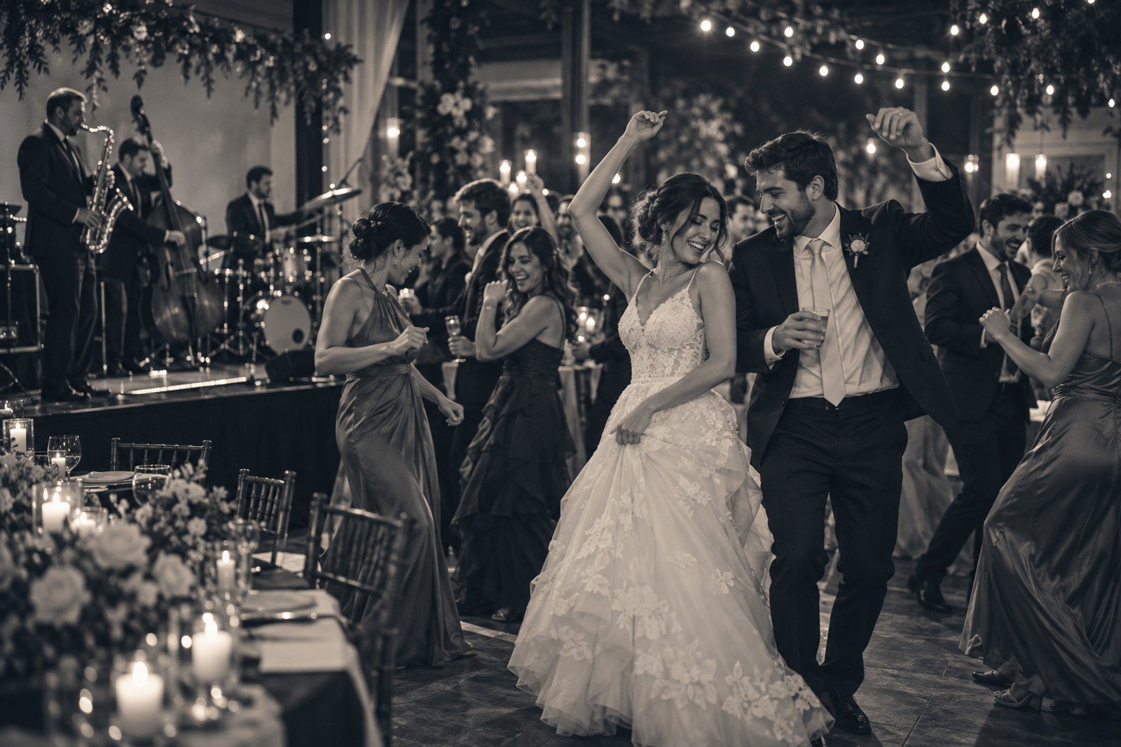 Noivos e convidados dançando na recepção de um casamento