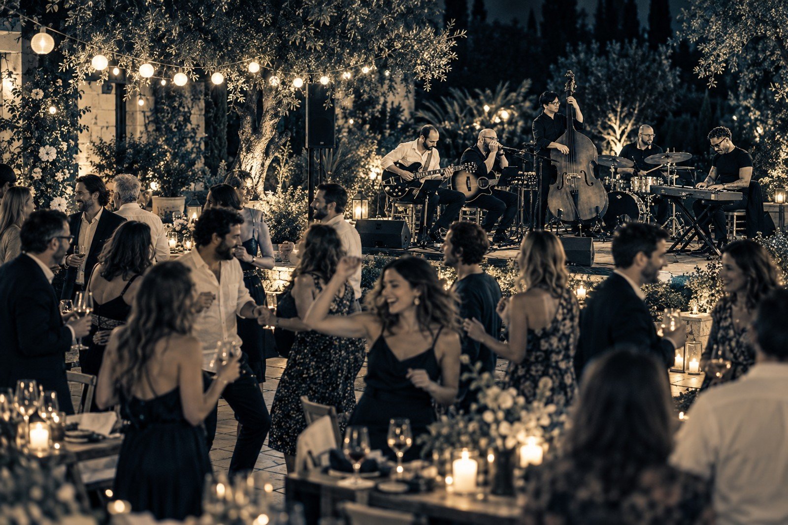 Festa particular com convidados e banda tocando ao fundo